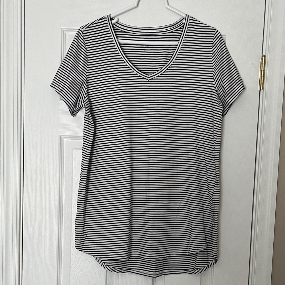 Soft Surroundings Black & White Striped V-Neck Short Sleeve Tee